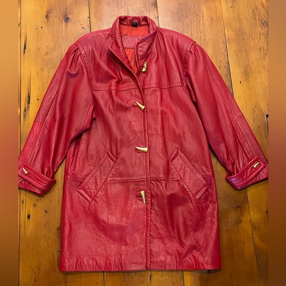 Jacqueline Ferrar Jackets & Blazers - Jacqueline Ferrar Genuine Leather Vintage Red Coat with Gold Buttons Size Medium